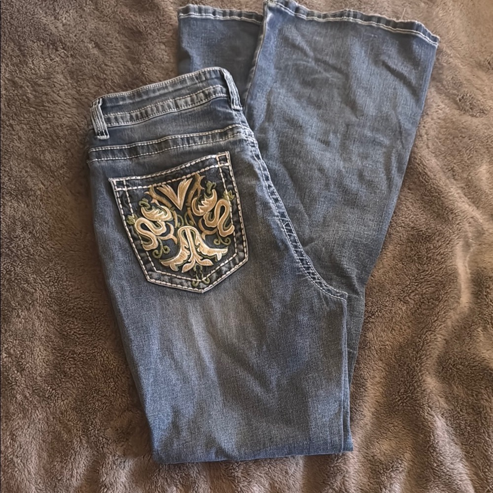 Blue Flare Wide Leg Jeans with Decorative Stitching